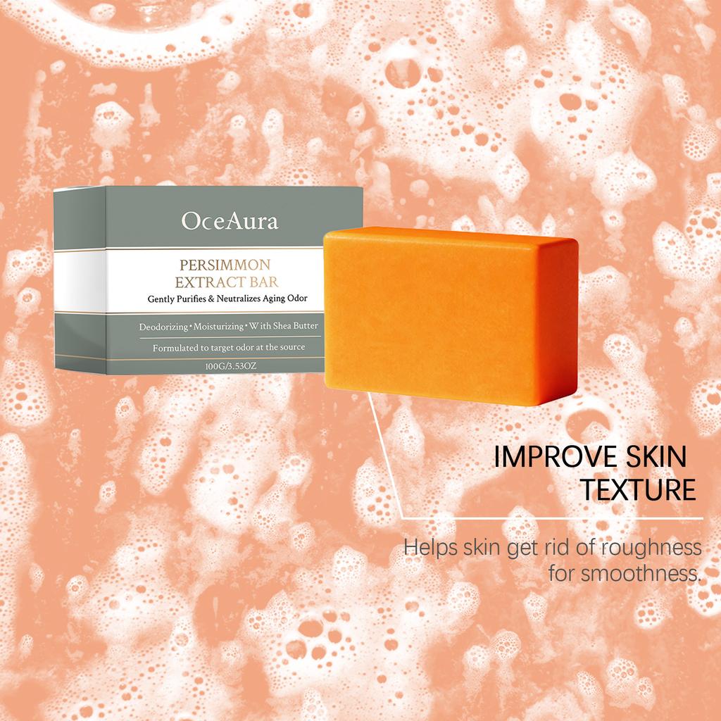 OceAura Persimmon Extract Bar Soap, Deodorizing Body Cleansing Bar with Shea Butter, Neutralizes Aging Odor, Moisturizing Purifying Body Wash Soap