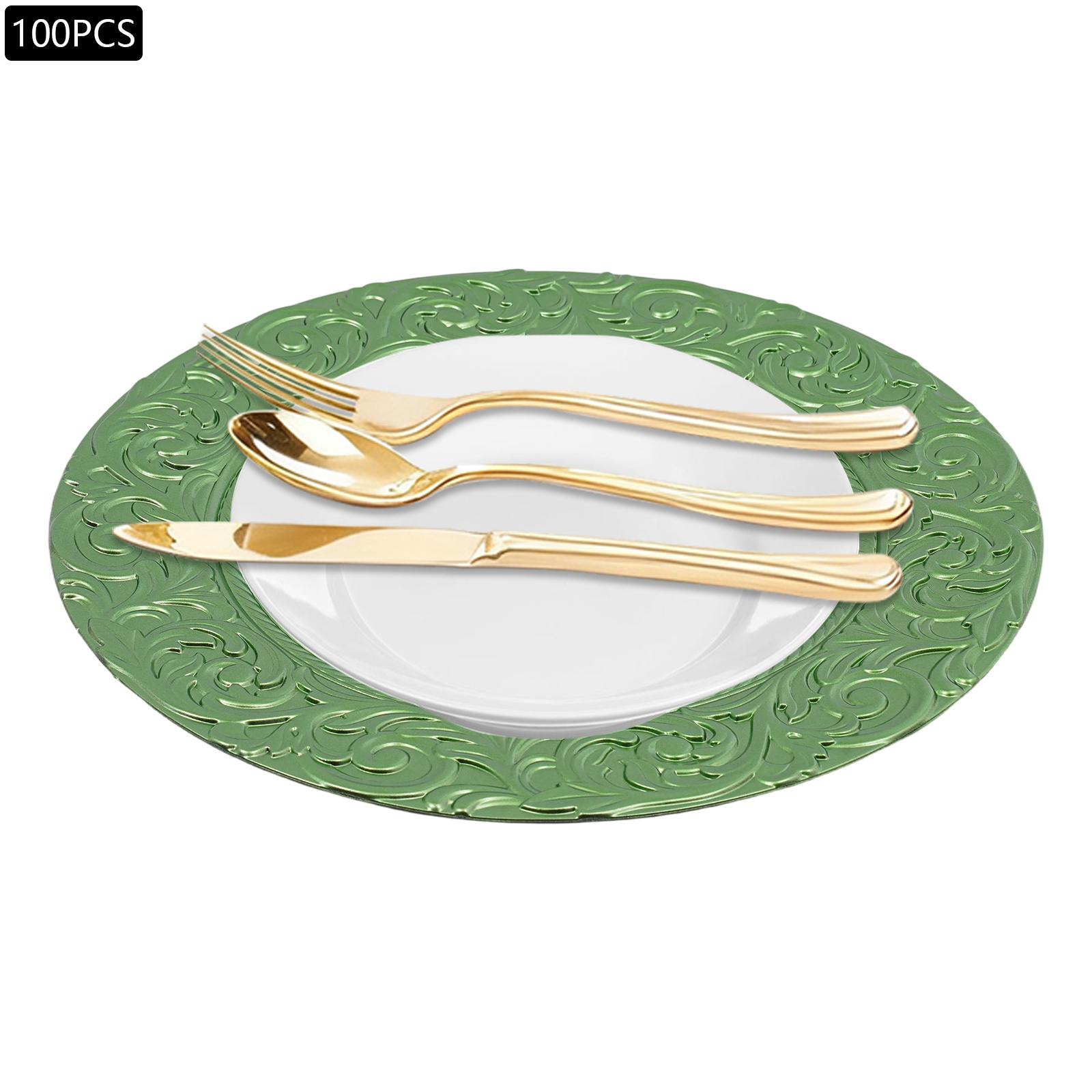 

100 шт. Зеленые круглые подстановочные тарелки оптом, 13 дюймов Набор антикварных подстановочных тарелок Пластиковые рельефные обеденные тарелки для свадебного декора зелёный