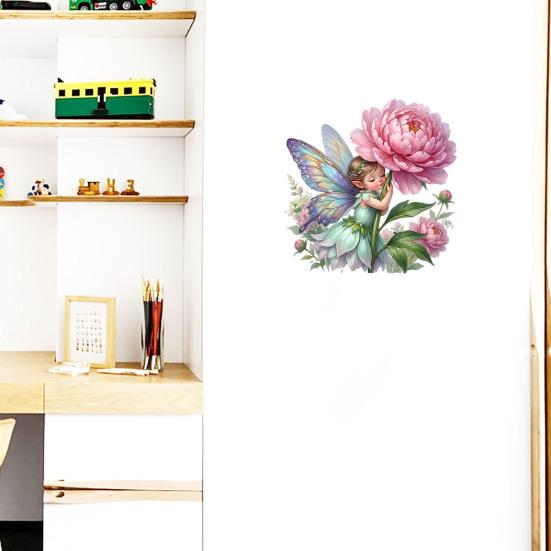 Rosa Blumenfee Fenster Statisch Haftend Abnehmbar PVC Großer Pfingstrosenblüten Aufkleber für Kinderzimmer Schlafzimmer Wohnzimmer Fenster Glas Tür Dekor
