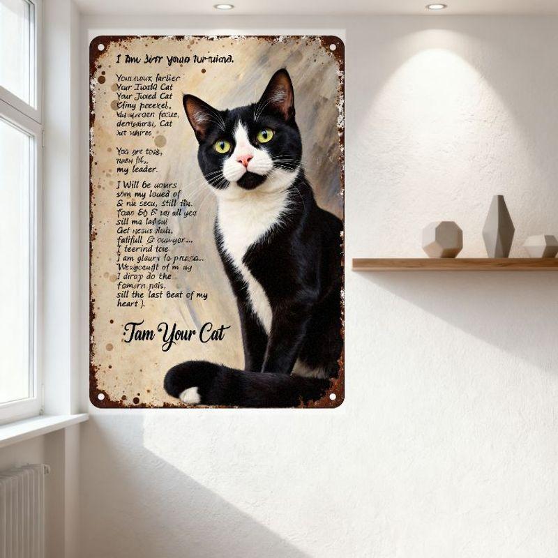 Vintage Tuxedo Cat Metal Sign with Handwritten Poem 'I AM NOT YOUR TURNING' - Rustic Black & White Cat with Green Eyes Tin Wall