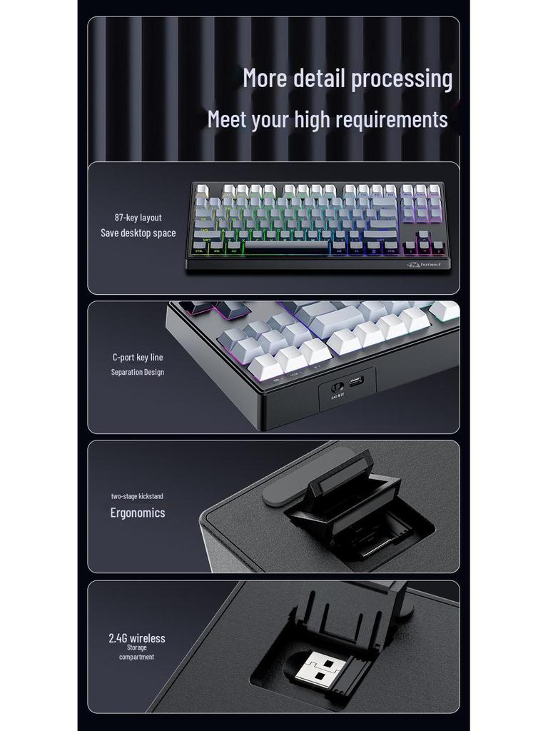 Free Wolf M87V2 Wireless RGB Mechanical Feel Keyboard with PBT Side-Printed Keycaps and Bluetooth Connectivity