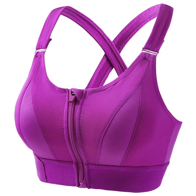 Aiithuug Sexy sportovní podprsenka pro ženy se zapínáním na zip vpředu, s ramínky do kříže, polstrovaná, nárazuvzdorná, push-up, bezešvá, bez kostic, na cvičení a do posilovny