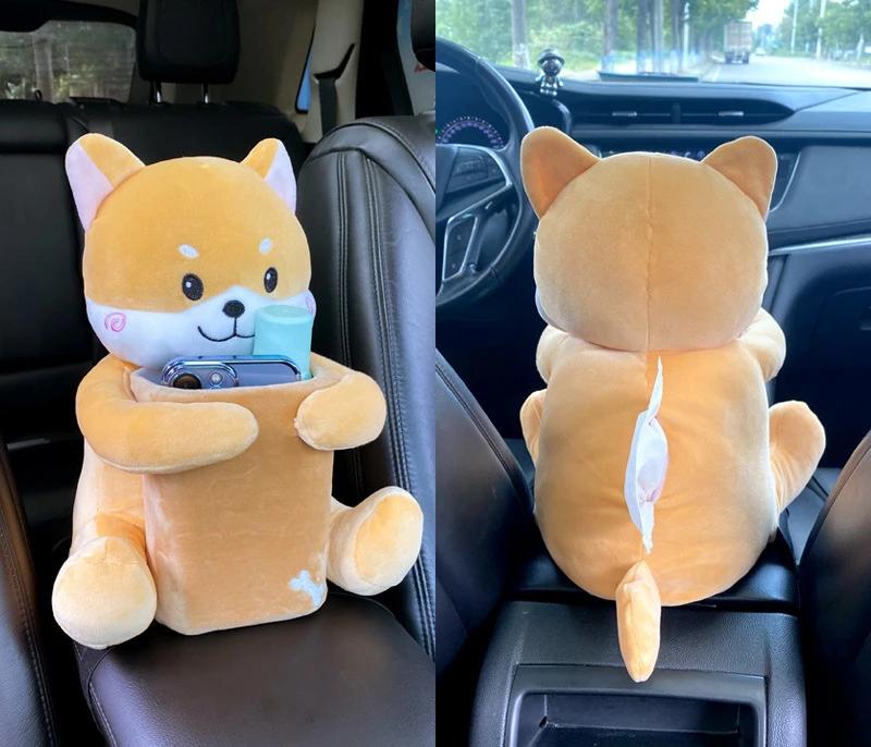 Uchwyt na chusteczki montowany w samochodzie 2 w 1 Kreskówkowa pluszowa lalka Automatyczny schowek w podłokietniku Wiszący pojemnik na papier do przechowywania Kosz na śmieci samochodowy i uchwyt na chusteczki