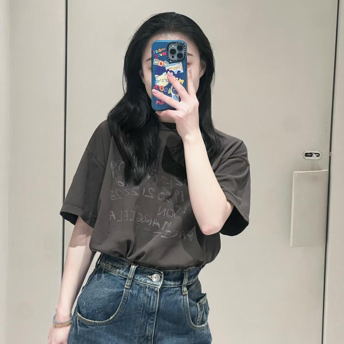 Nanyou 2026 Early Spring Retro Washed Distressed Digital Print Loose Short Sleeve Pullover Small кофейный