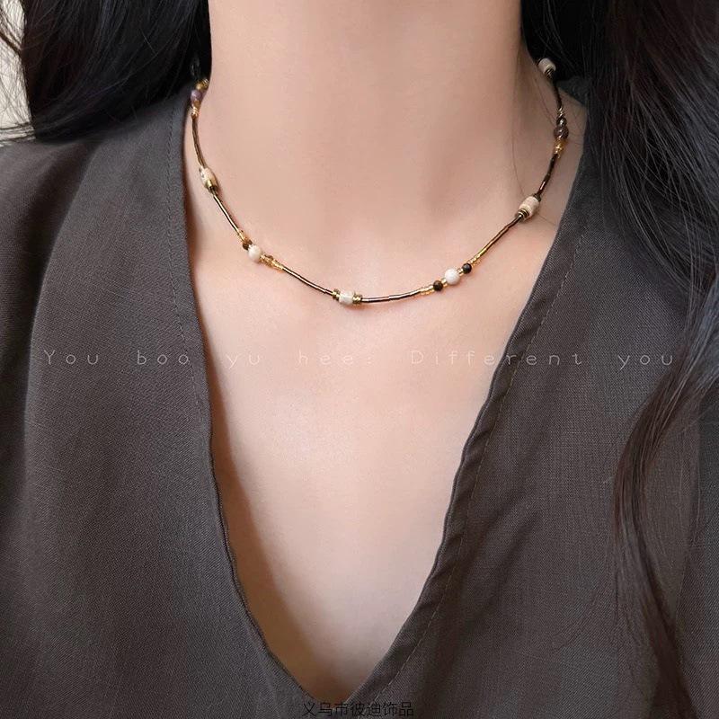 Maillard Tiger's Eye Brown Pearl Beaded Necklace - High-End Women's Sweater Chain for Autumn/Winter 2025
