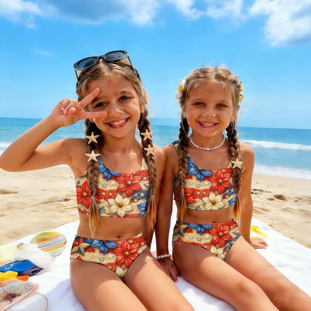 Conjunto de Bikini de Dos Piezas para Niñas, Top Tankini y Braguita, Ropa de Baño de Verano para Niños, Traje de Baño con Estampado del Día de la Independencia
