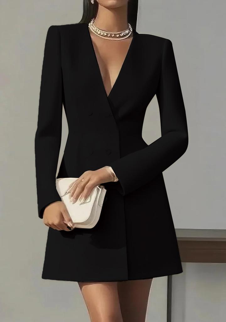 Europe, America, Autumn Double-breasted Solid Color V-neck Suit French Women's Long-sleeved Dress Women's