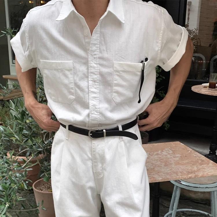 Men Short Sleeve Polo Shirt Double Pocket Business Casual Anti Wrinkle M белый