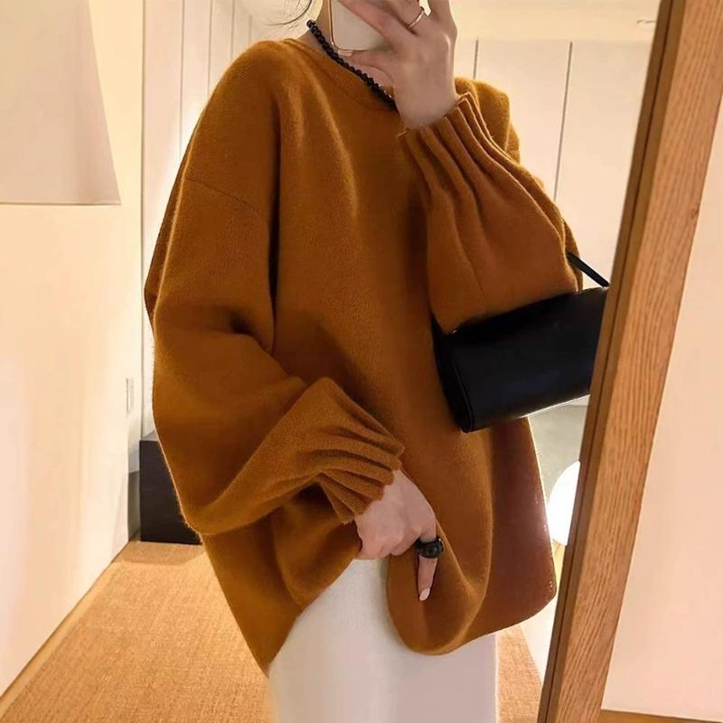 Crew neck retro cuff pleated knitted sweater women's autumn and winter new versatile loose soft waxy solid color pullover sweater