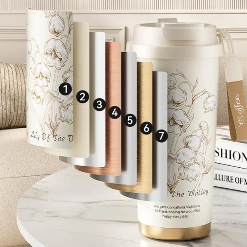 Linglan Flower Insulated Cup, High Aesthetic Water Cup, Straw Cup, Large Capacity with Tea Strainer, Double Drinking Coffee Cup