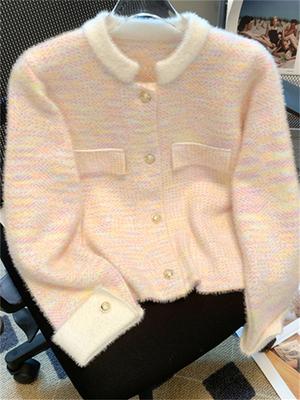 Stand Collar Women Cardigan Autumn Winter  New Fashion Casual Long Sleeve Pink Cardigan Chic Vintage Knitted Sweater