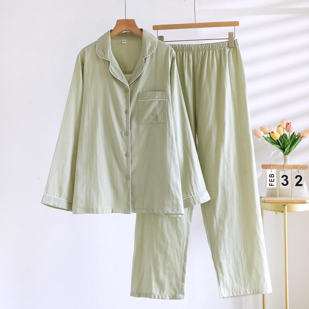 Women's Lightweight Cotton Gauze Pajama Set - Spring/Summer Long Sleeve Cardigan
