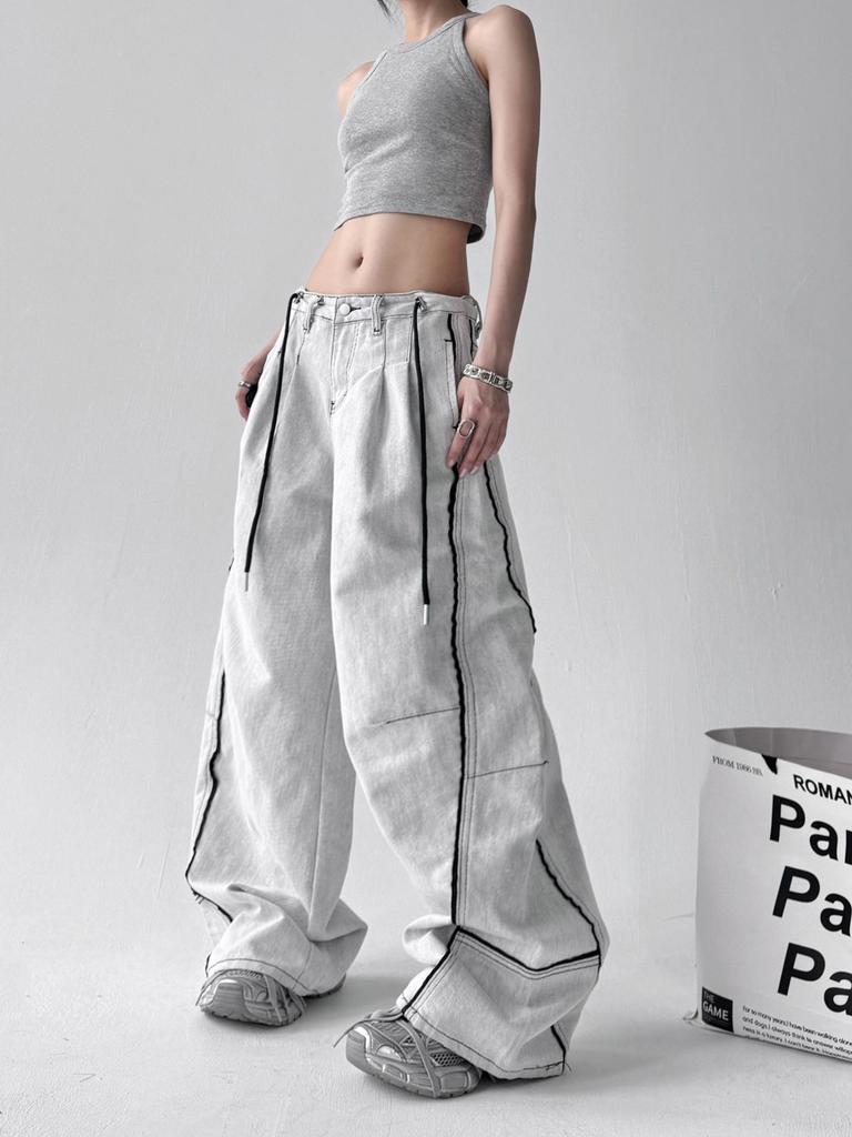 Unisex American Retro Patchwork Wide-Leg Gray and White Jeans - 2025 Summer Casual Loose Fit