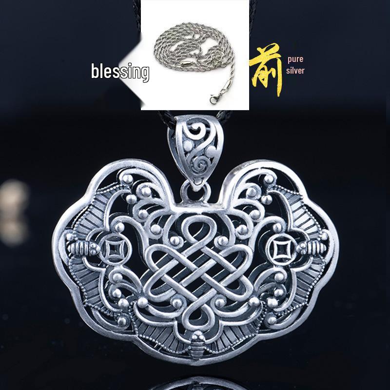 Sterling Silver Bat & Longevity Lock Pendant Necklace for Men & Women - Retro Sweater Chain Full Moon Gift