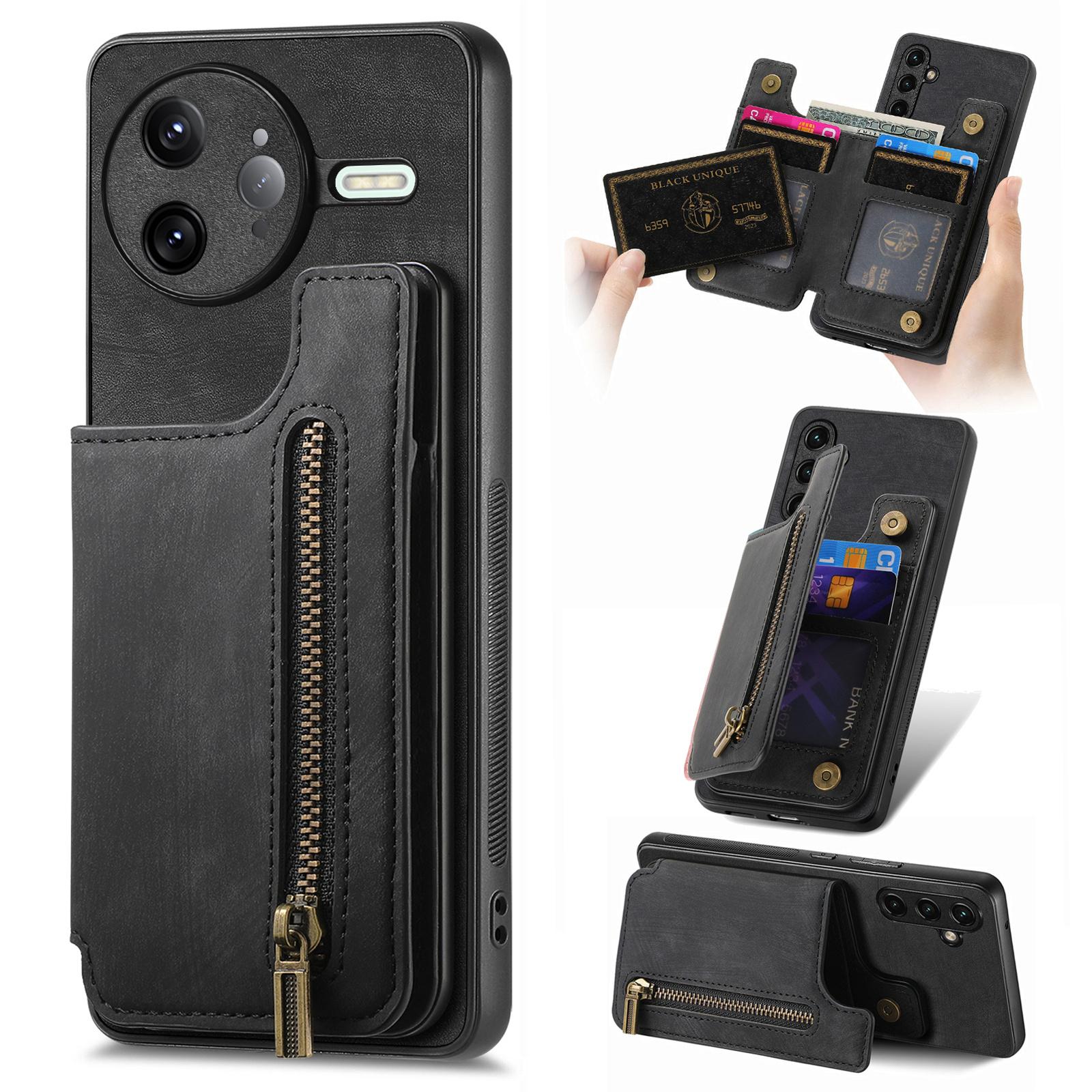 

For Xiaomi Poco F7 Ultra 5G/Xiaomi Redmi K80 Pro 5G Case with Zipper Card Holder Retro Leather TPU Phone Cover Black