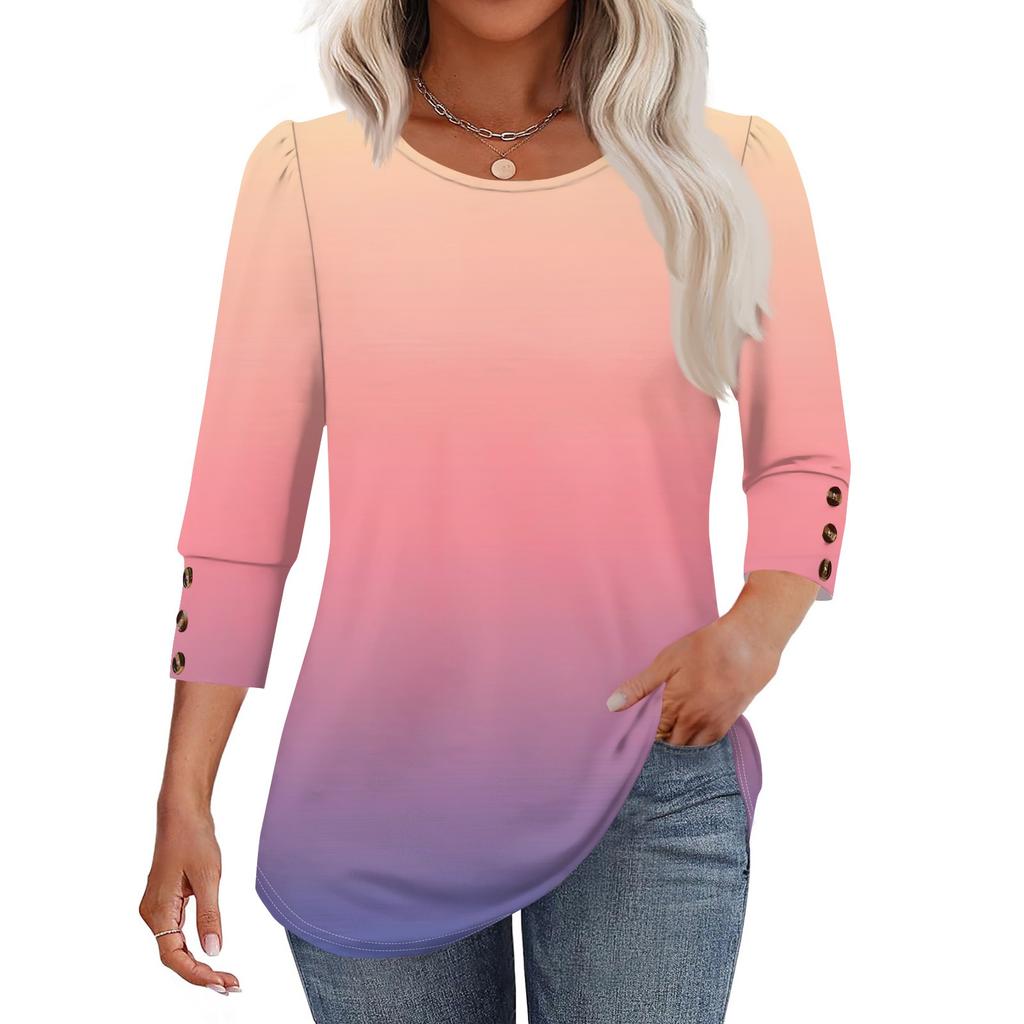 Damenmode Lässig Farbverlauf, Krawatten-Print Rundhals Kurzarm T-Shirt Top