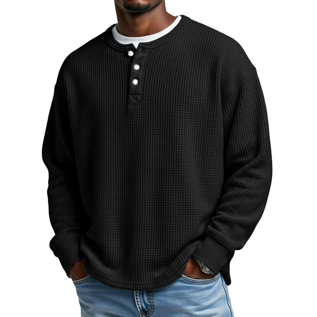 Men’s Long Sleeve Waffle Knit Henley Shirt with Button Placket Casual Pullover Top for Everyday Wear