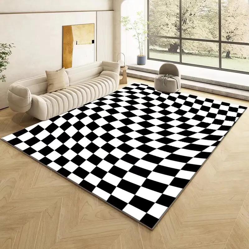 Fashion Retro Checkerboard Carpet Living Room Bedroom Decoration Bedside Non-slip Soft Mat Home Washable Plush Rugs Customizable