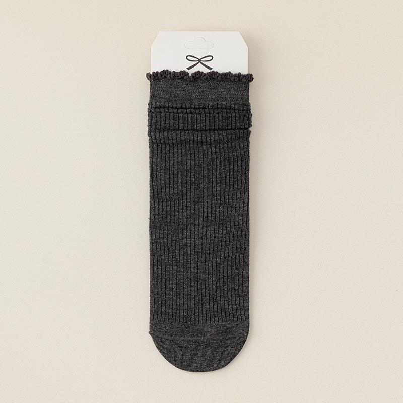 Women's Mid-calf Socks, Boneless Pile Socks, Black Ear-trimmed Solid-color Cotton Socks, Sweat-absorbing and Breathable Long Socks