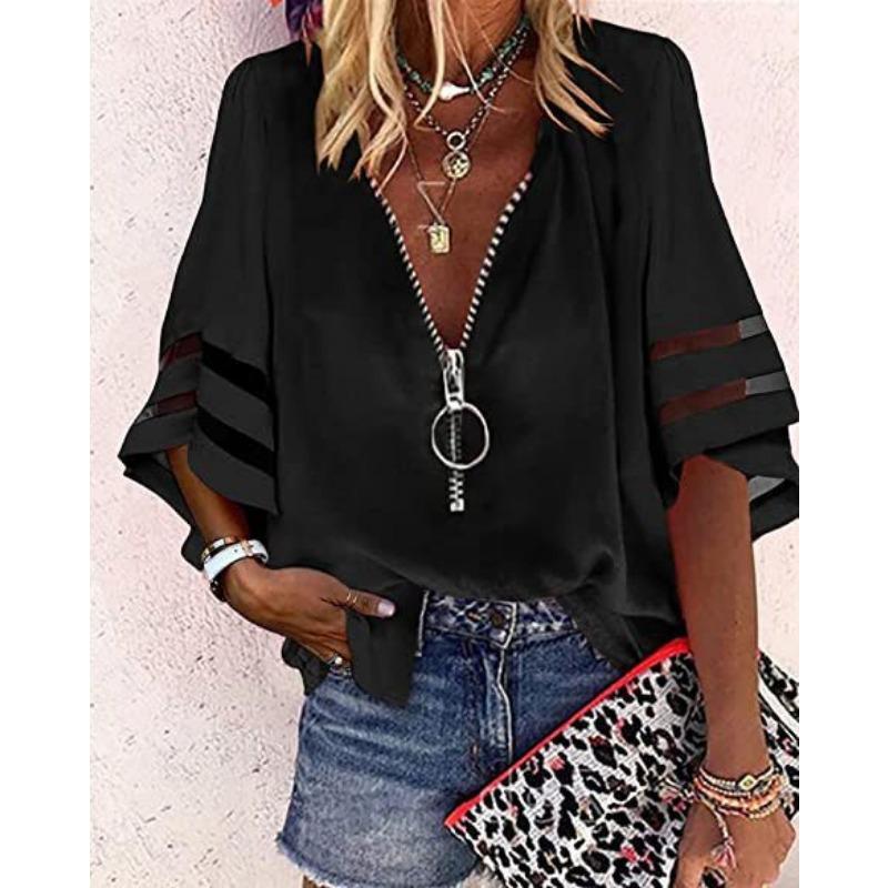 Women's Zipper Front V Neck Chiffon Blouse Casual Flare Sleeve Mesh Panel Loose Top