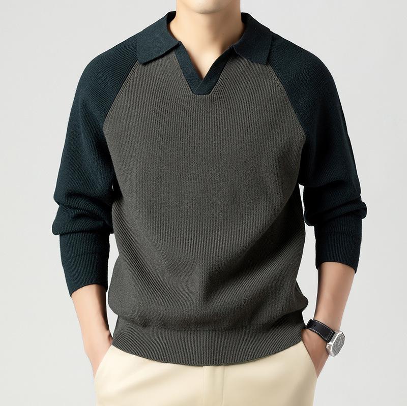 Men's Fashionable Turn-Down Collar Knit Sweater - Casual, Versatile Long-Sleeve Top