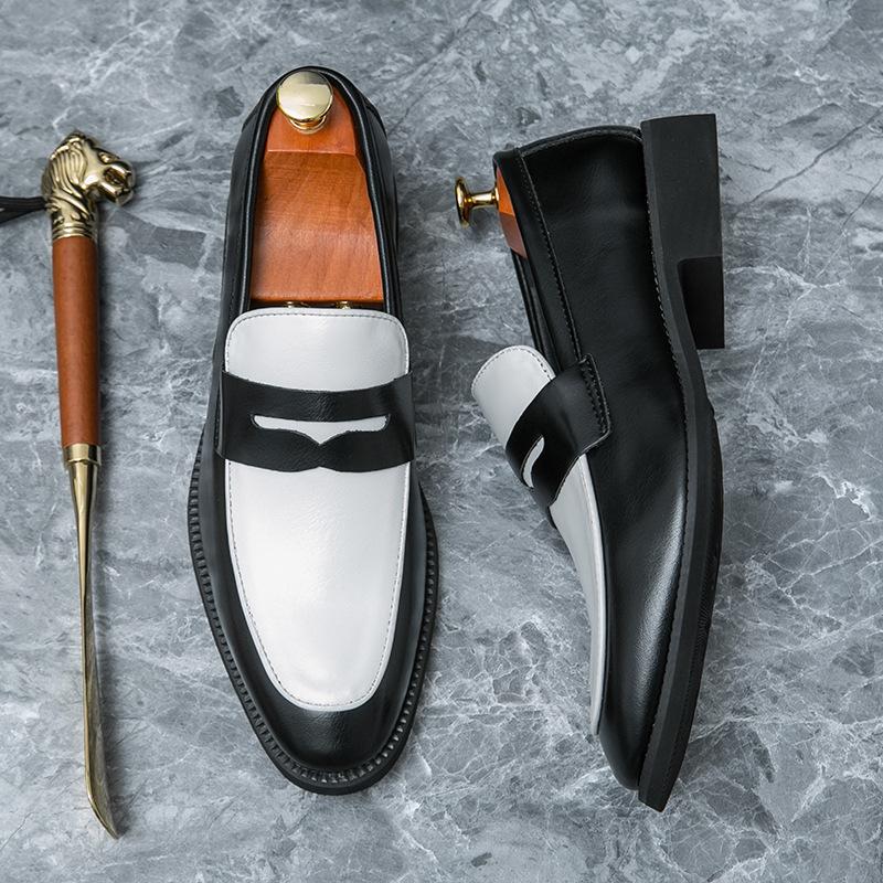 Large size spring black and white color matching leather shoes men's one-pedal loafers British casual men's shoes