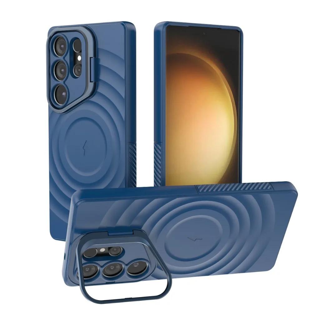 

Case For Galaxy S25 Ultra Ripple Matte For Magsafe Wireless Charge Lens Holder Protective Cover for Samsung Galaxy S25 Plus Galaxy S25 темно-синього кольору