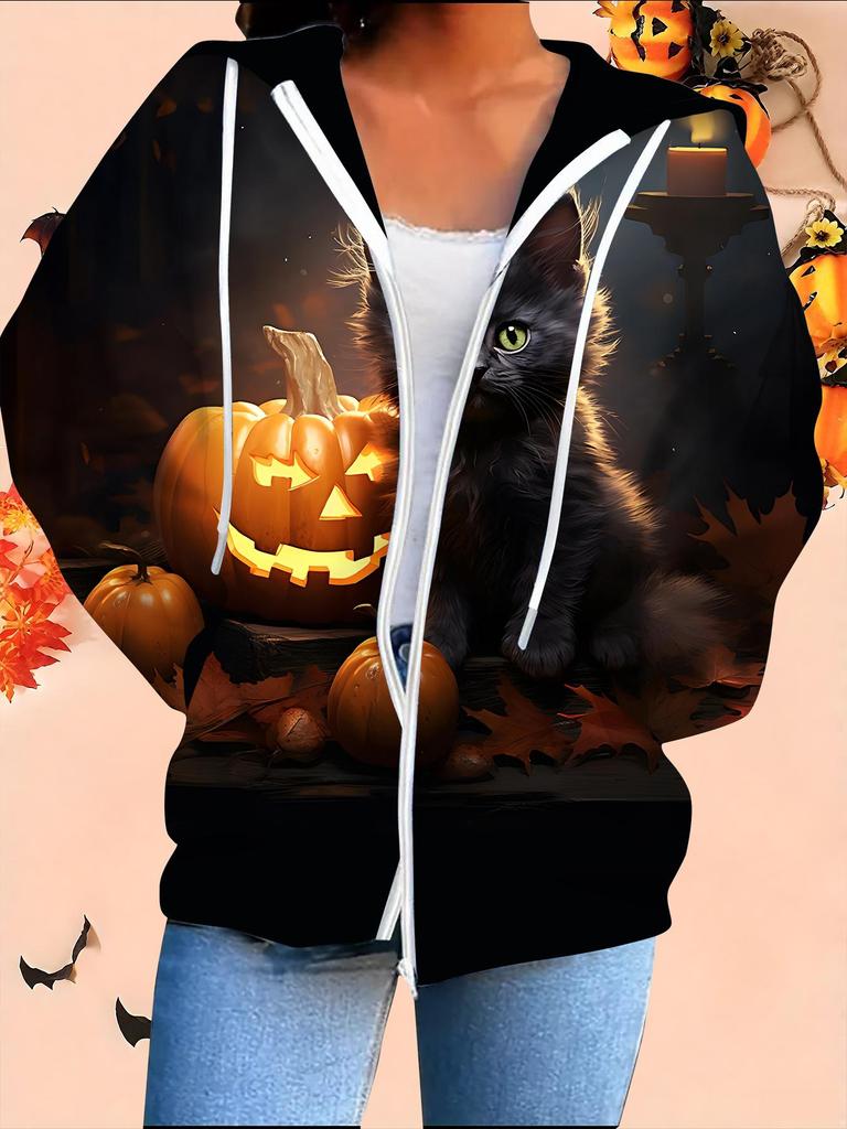 Halloween 3D Printed Hooded Cardigan Plus Size Autumn Winter Retro