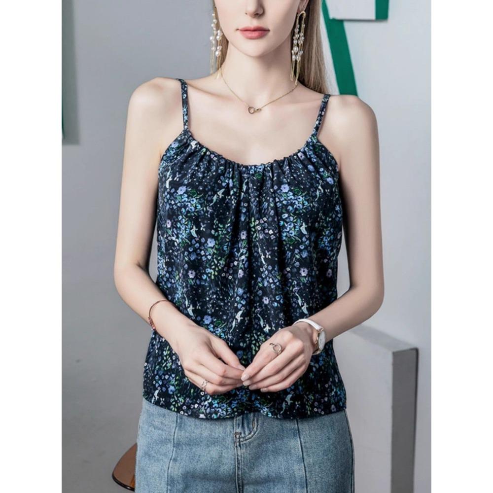 Temperament Floral Vacation Style Camisole Women's T-shirt Pleated Summer New Women's Top Vest