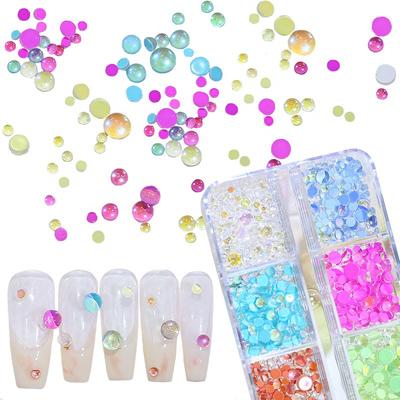 Nail Art Pearl Glass Semicircular Beads, Mermaid Beads Nail Aurora 6-Grid Box Solid Color Mocha Beads
