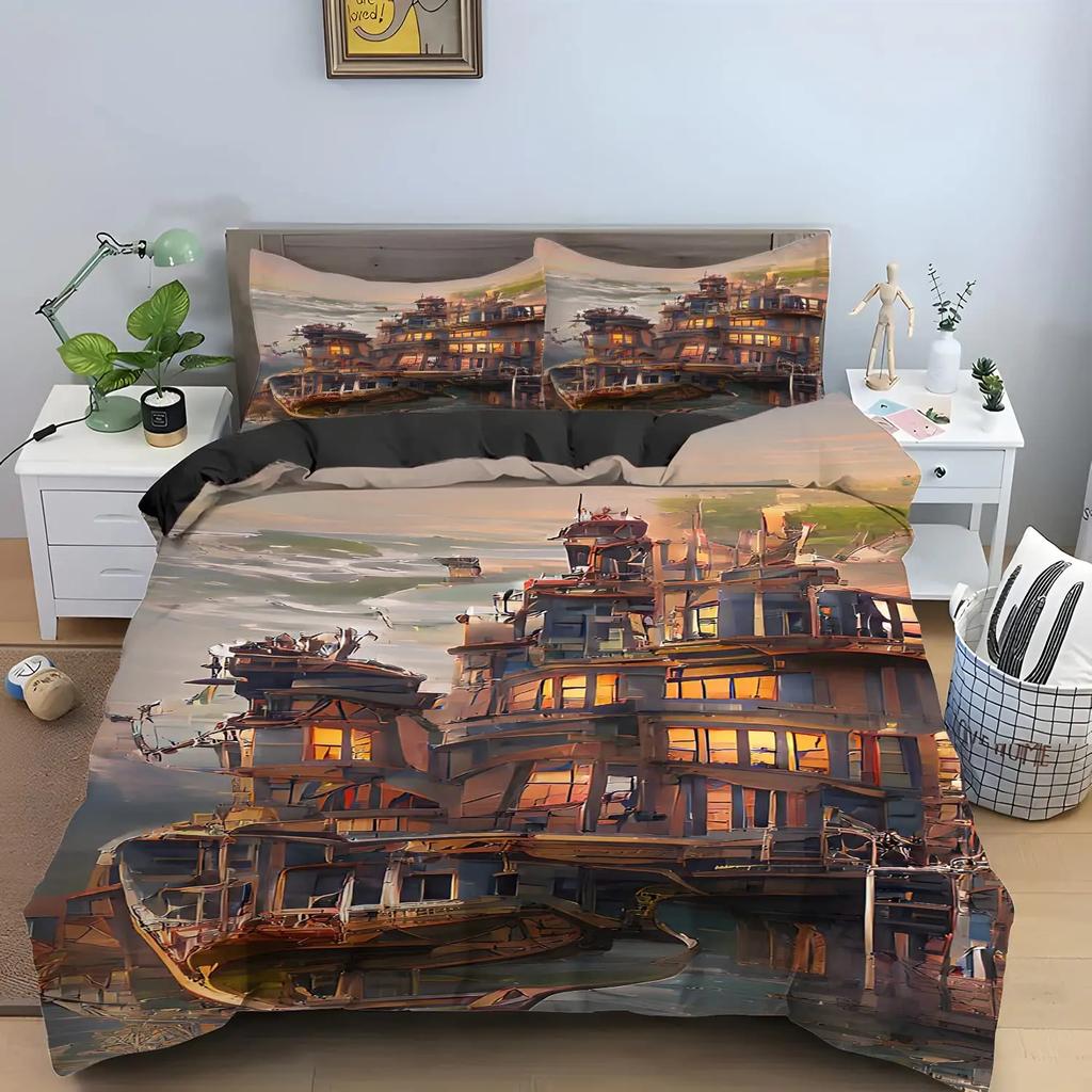 Pirate Sailboat Soft Duvet Cover Nautical Ocean Theme Young Boys Ten Beding Col Style Adult People Beding Set Wave Patern Printed Rom Decor