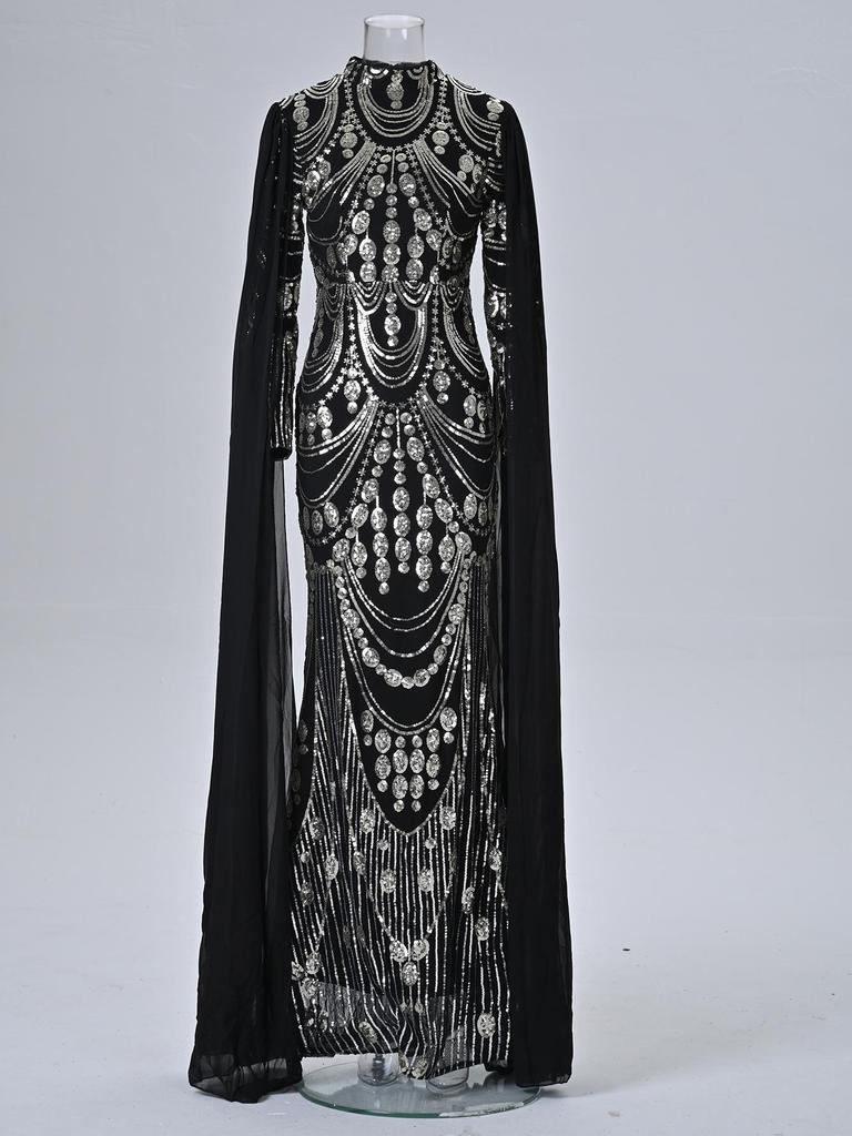 Elegantes grenzüberschreitendes Pailletten-Abendkleid mit langen Ärmeln für Damen
