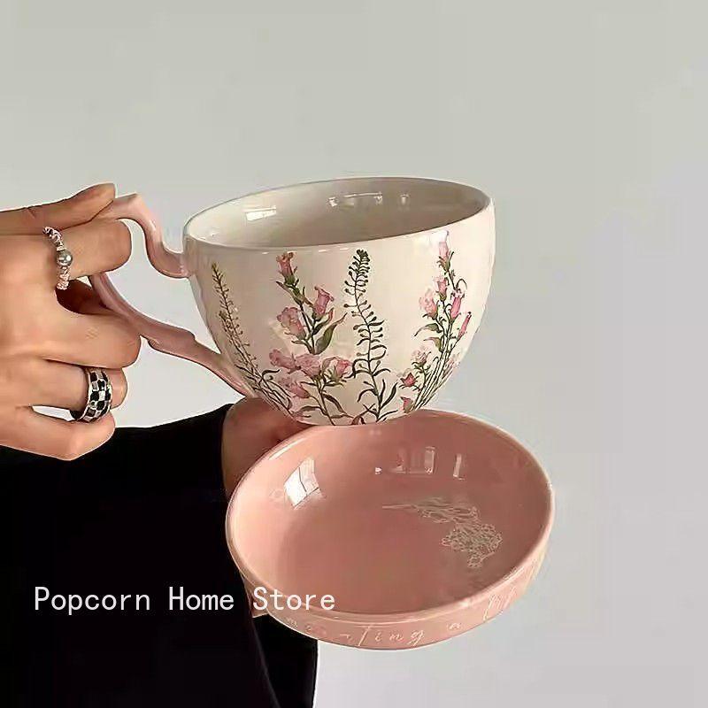 Retro Rural Style Large Capacity Ceramic Breakfast Cup with Crank Flowers Coffee Cup Dish Cups Lid Set Household Milk Mug Gift