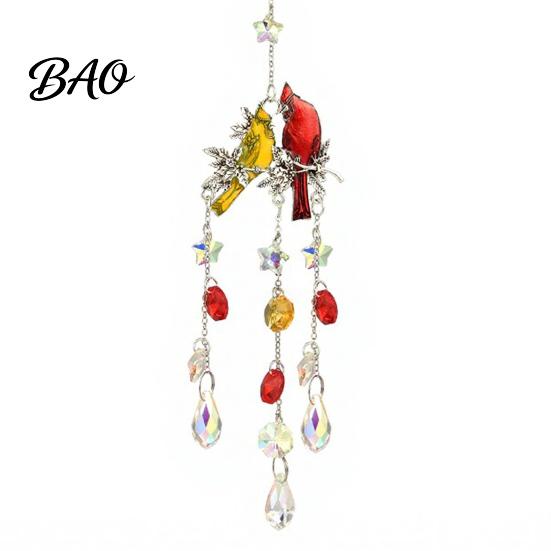 Colorful Light Catching Decor Cardinals Faux Crystals Suncatcher, Hanging Sun Catcher for Windows, Bird Wind Unique Home Gift Chimes with Chain, Prism