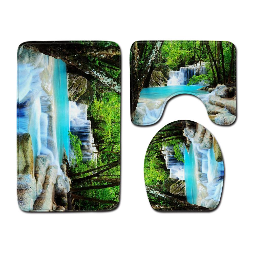 Toilet Three-Piece Bathroom Decorative Floor Mat Doormat Combination Water Drop Green Leaves Natural Scenery