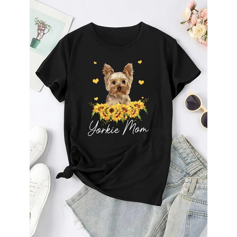 Europäische Größe Damen Süßes Yorkie Hund Grafik T-Shirt, Lässiges Rundhals Kurzarm Sportliches Tee, Damen Sportoberteil mit Sonnenblumendesign