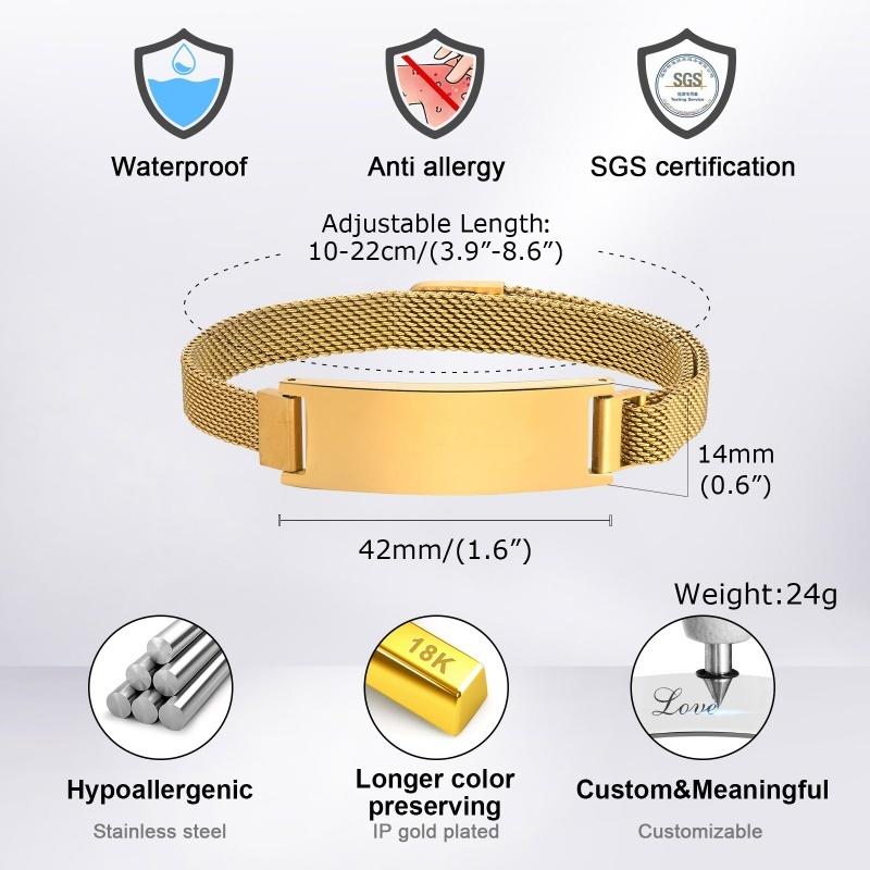 Persoanlized Medical Alert ID Emergency Bracelet, Adjustable Stainless Steel Mesh Chain Free Engrave Bracelets For Women Men