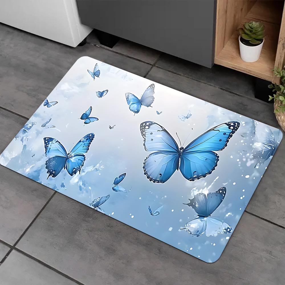 1pc Blue butterfly patterned floor mat, machine washable polyester, suitable for bedroom and living room décor.