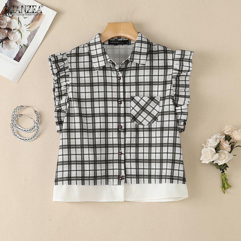 ZANZEA Women Casual Turn Down Collar Sleeveless Plaid Print Blouse