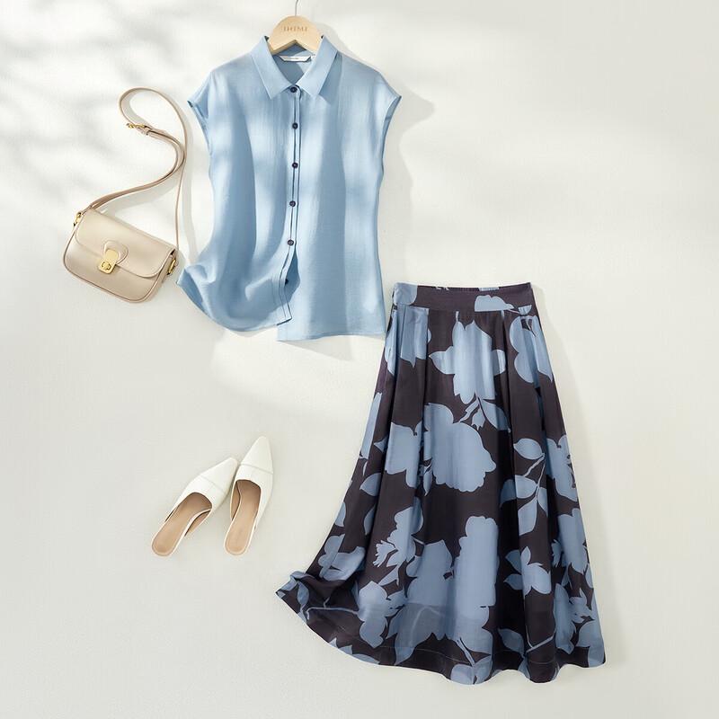 IHIMI Summer Blue Shirt & Retro Print Skirt Set M
