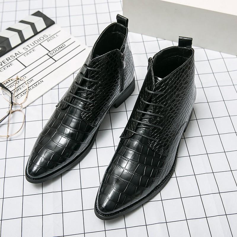 Mens Large Size Fashionable High-Top Leather Boots Crocodile Texture Casual Martin Business Wear