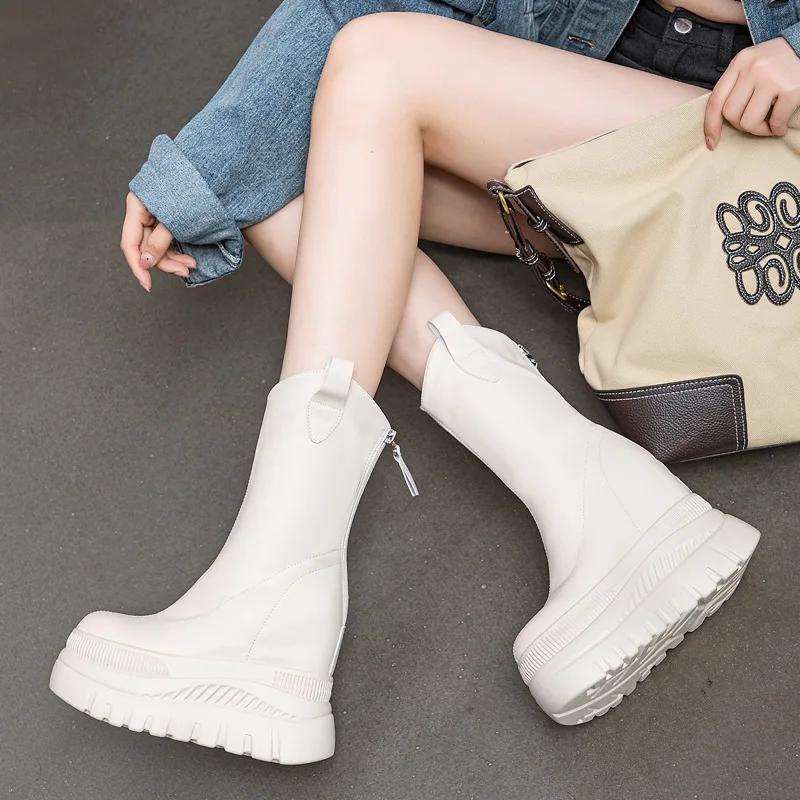 Fashion 12CM Microfiber Leather Women Vulcanized Increase Casual Ankle Boots Platform Wedge High Heels White Shoes ZIP Shoes