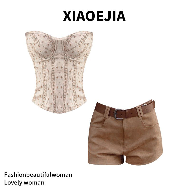 

Xiaoejia2025 New Arrival Ethnic Style Waist Trimming Printing Sexy Silm Slimming and Short Denim Tube Top Tops Female Shorts XS