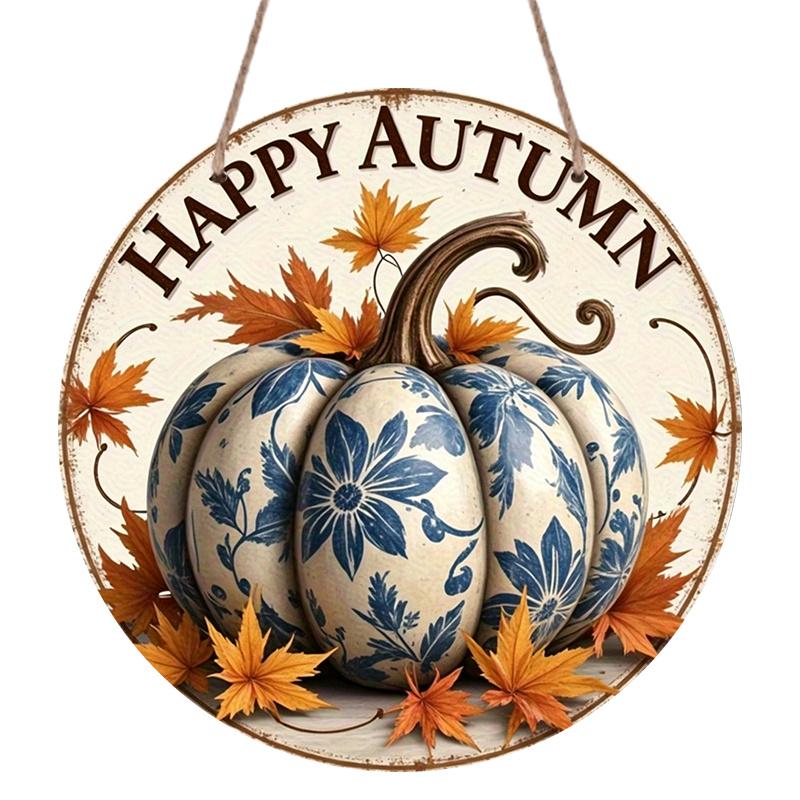 2D Flat, 1pc Round Aluminum Hanging Sign - Blue & White Pumpkin & Maple Leaf Rustic Farmhouse Decor, Vintage-Inspired Autumn Thanksgiving & Halloween