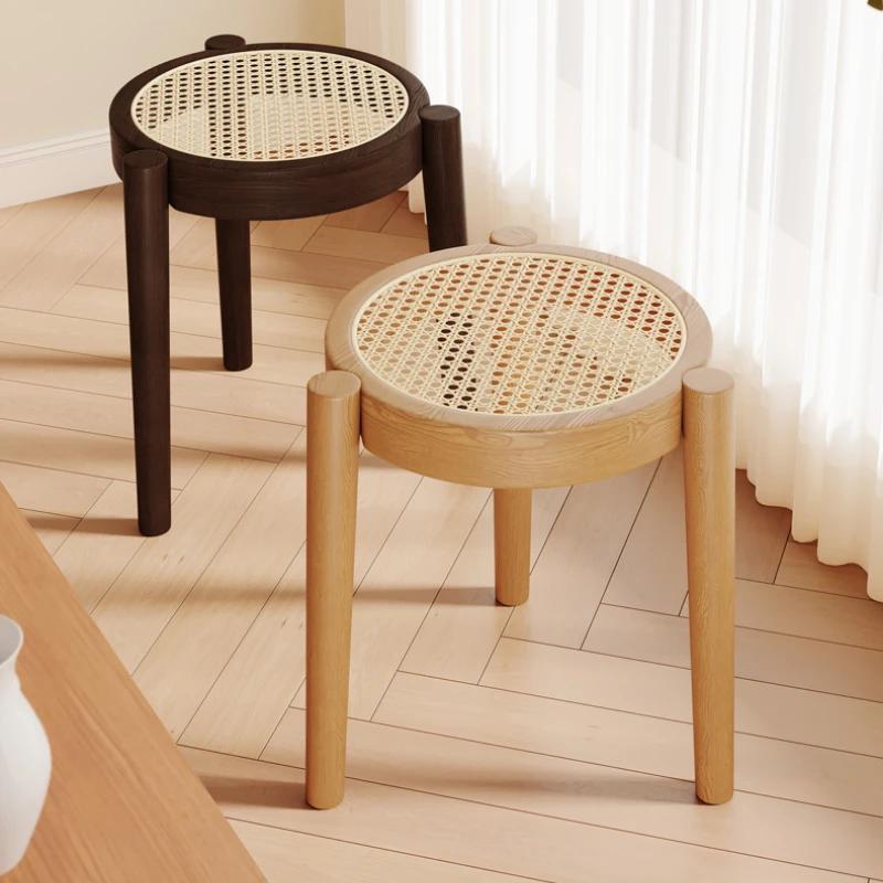 Rubberwood Home Stool Breathable Rattan Dining Chair Natural Wood Dining Stool Stackable Mid-Century Living Room Chair