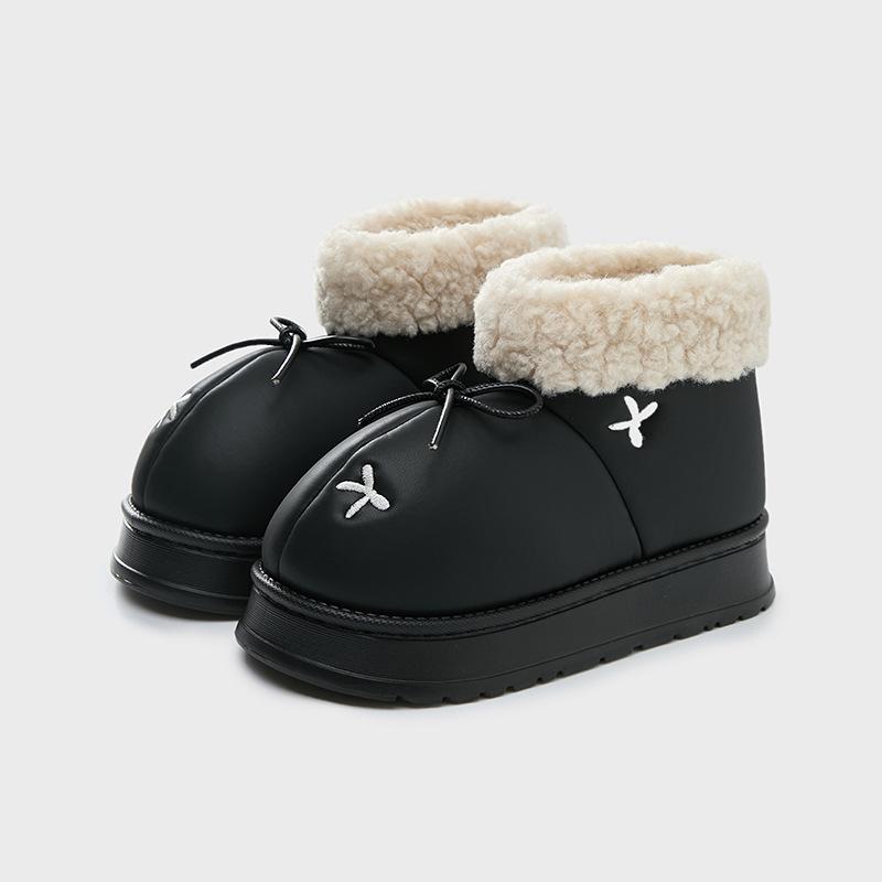 Leather waterproof snow boots outer wear warm velvet slippers indoor home non-slip heightening thick-soled cotton slippers