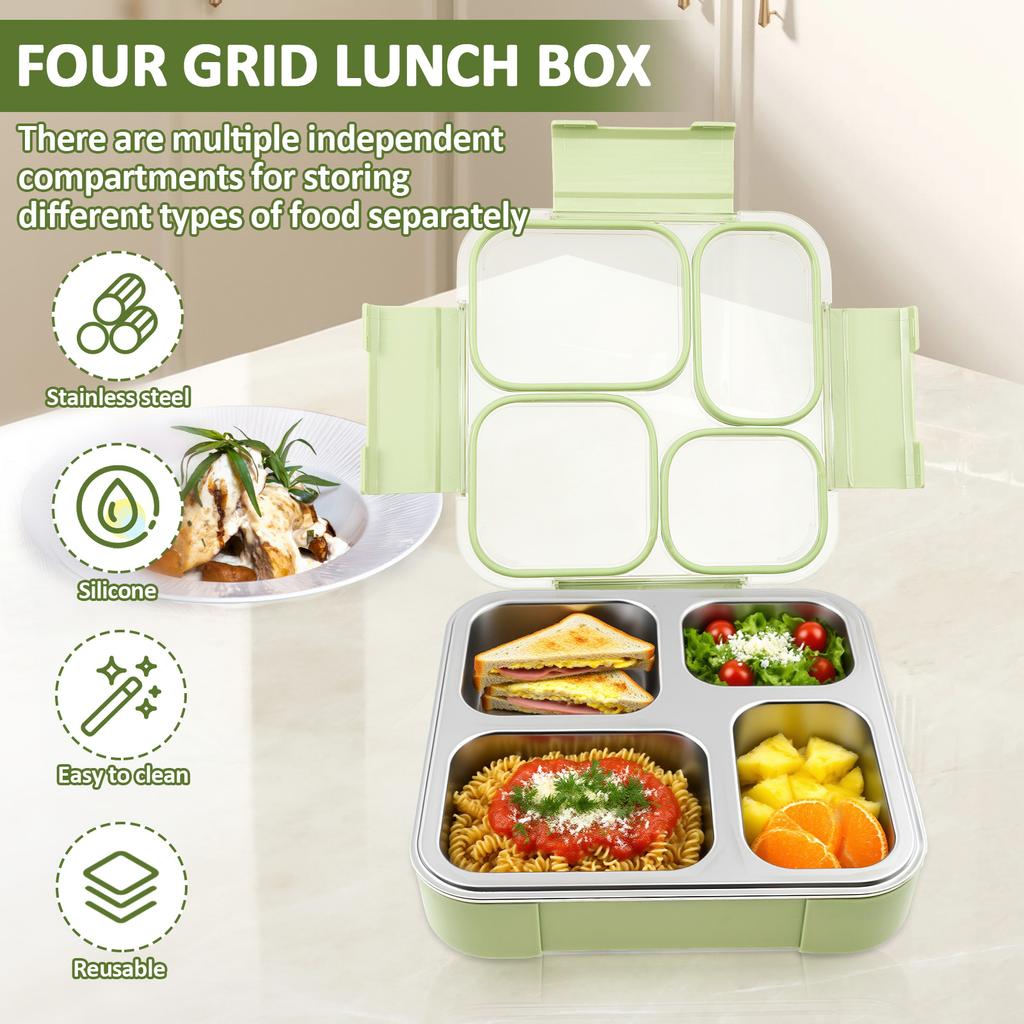 304 Stainless Steel Food Container with 3/4 Compartments Reusable Food Storage Container with Lid Lunch Boxes for School Office