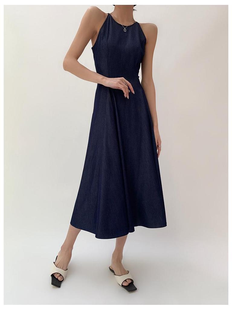 Washed Denim Waist-Defining Big Swing Long Sundress