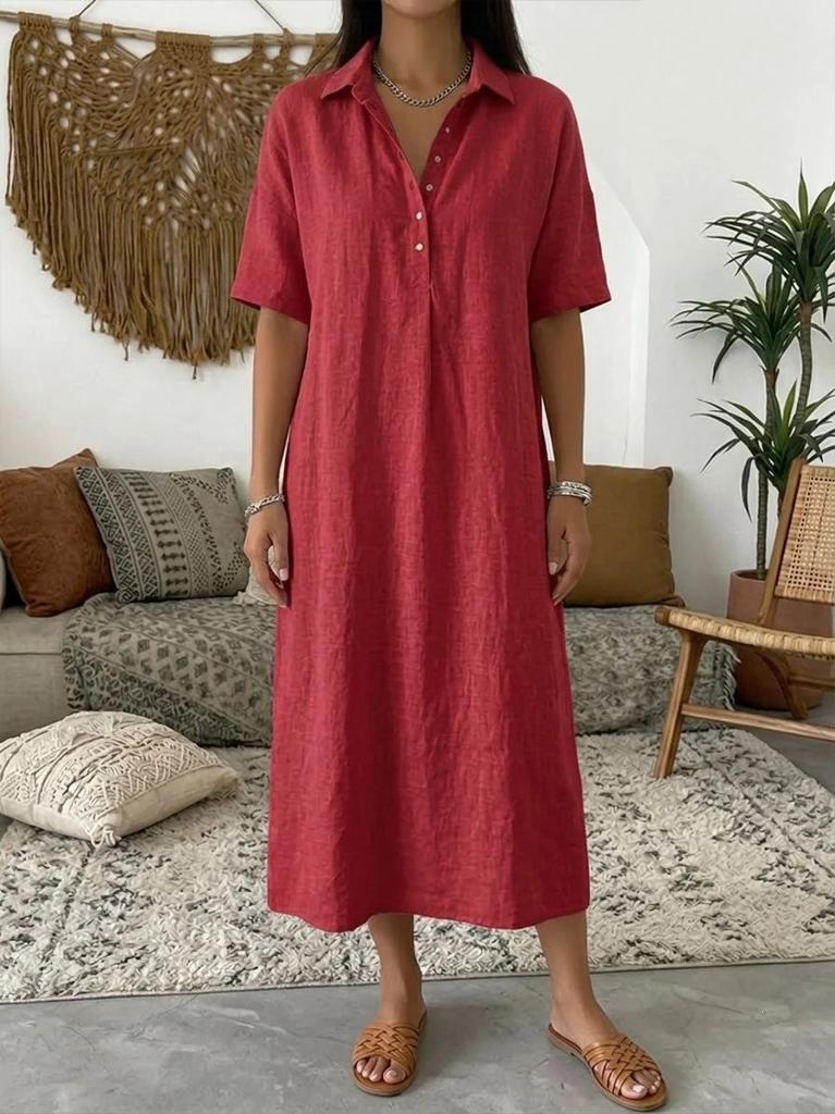 Women's Spring and Summer New Casual Straight Comfortable Polo Neck Linen Short Sleeve Dress