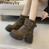 Herbst Winter Gürtelschnalle Damen Ritterstiefel Mode Slipper Vintage Plateau Dicke Absätze Damen Kurze Stiefeletten
